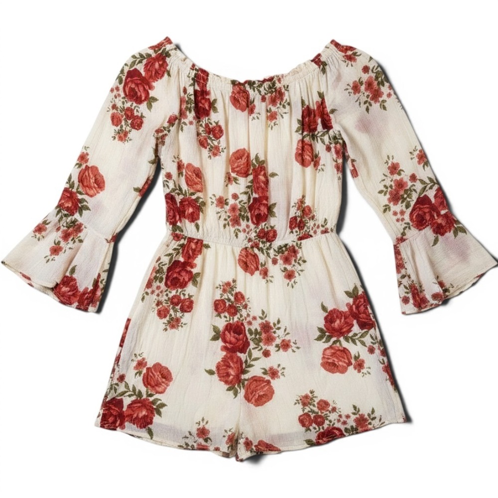 BLUSH Off Shoulder Floral Mini Dress Red Roses Smocked Waist Bohemian Size S
